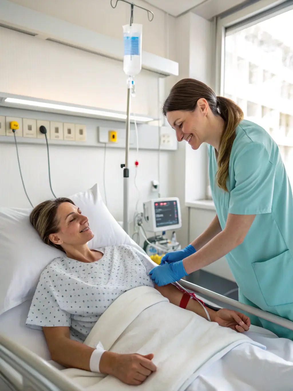 A healthcare provider administering an IV infusion to a patient, representing advanced treatment options for severe infections.